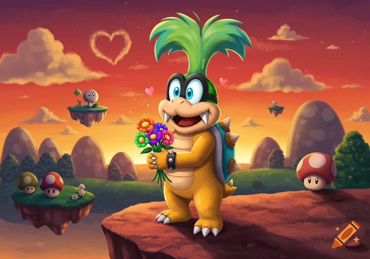 Iggy Koopa holds a bouquet of flowers on a cliff overlooking a vibrant, cartoonish landscape with floating islands and a heart-shaped cloud in an orange sunset.
