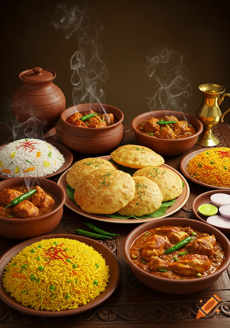 A photorealistic array of steaming Bangladeshi food, including rice, curries, and fried bread, served in clay pots on a wooden table.
