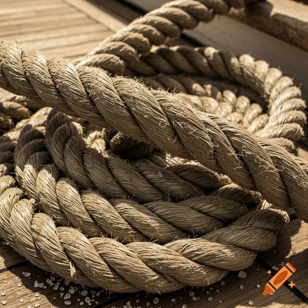 Close-up of a thick, textured rope coiled on a weathered wooden deck, with scattered white specks.