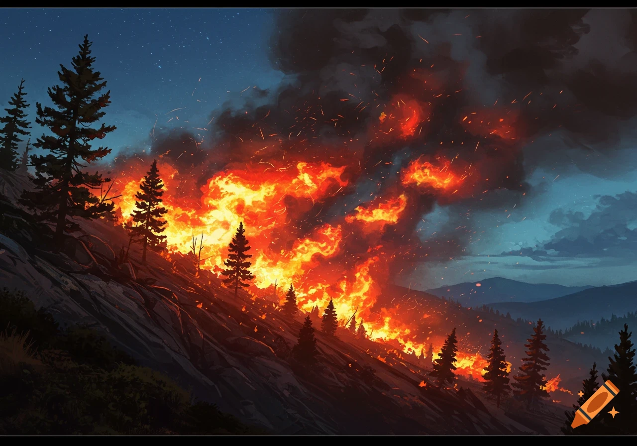 Wildfire burning fiercely on a dark hillside with smoke rising into the night sky, under a star-filled sky.