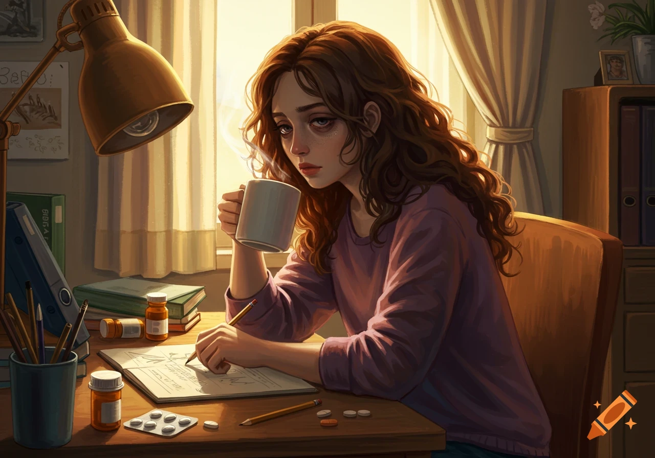 A young woman with long, wavy brown hair sits at a desk, holding a steaming mug and drawing. Medication bottles and pills are on the desk, and she appears exhausted.