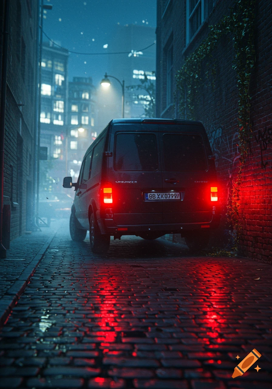 A dark van with glowing red taillights backs up a wet, cobblestone alley at night, flanked by brick buildings under a city skyline.