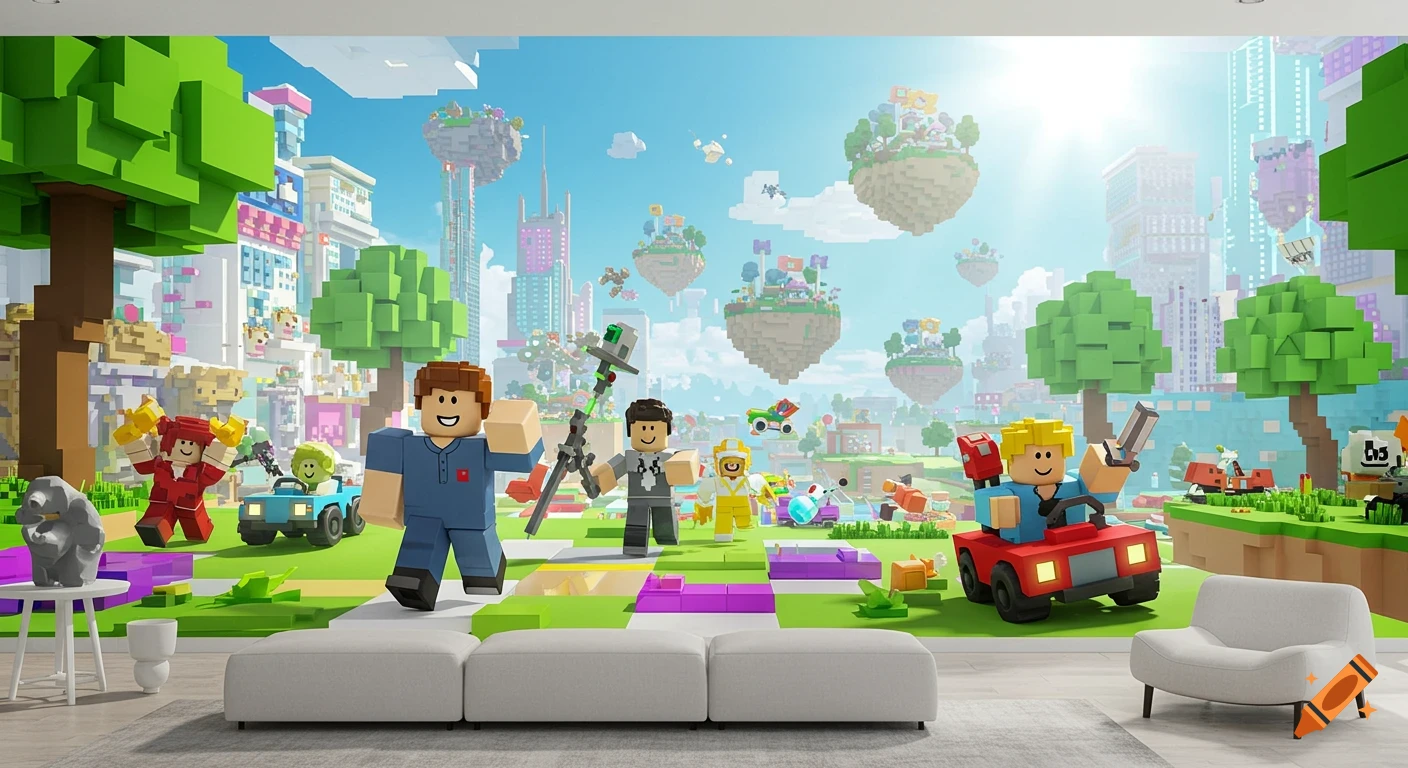 A vibrant Roblox-themed digital art image showing blocky characters, vehicles, and floating islands in a colorful cityscape.