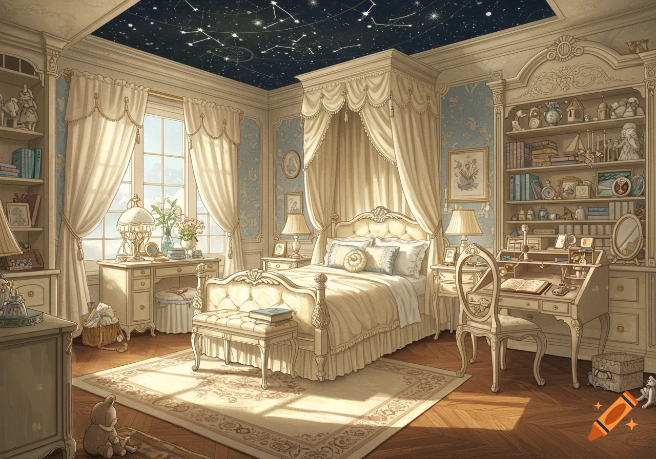 An elegant light academia style bedroom with light blue accents, a canopied bed, a desk, bookshelves, and a ceiling depicting a starry constellation.