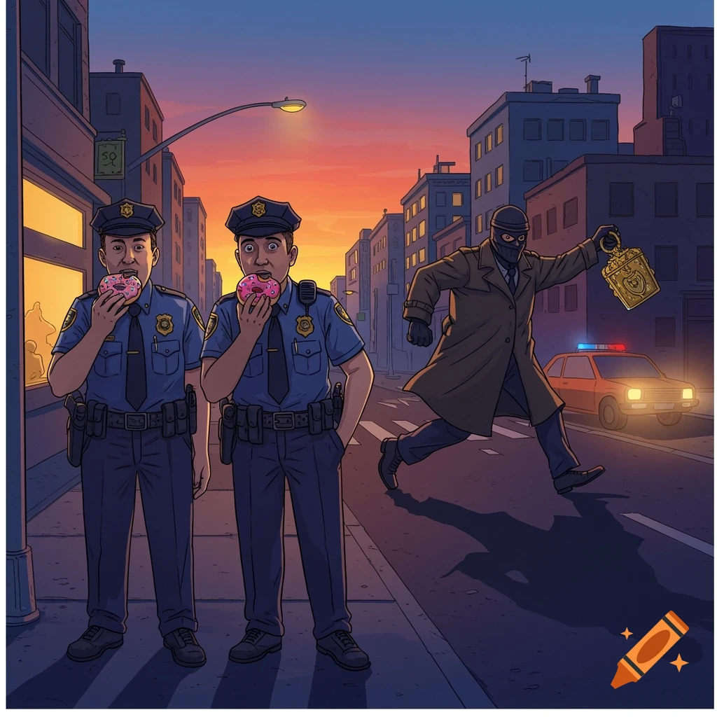 Cartoon illustration of two police officers eating donuts on a city street as a masked thief runs past, holding a stolen gold object.
