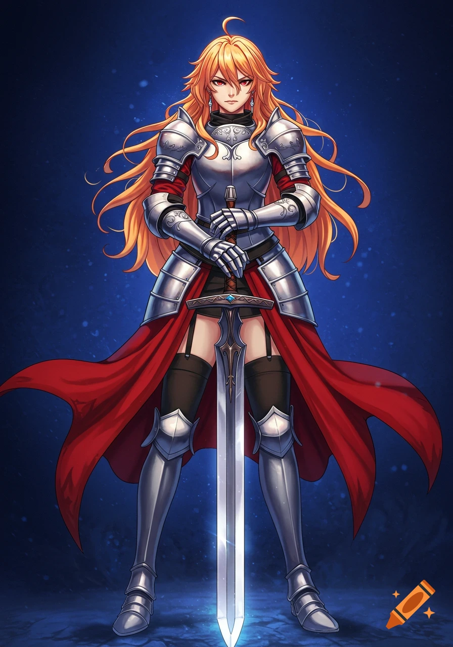Anime woman in steel armor with red robes, holding a broadsword, standing on a dark blue background.