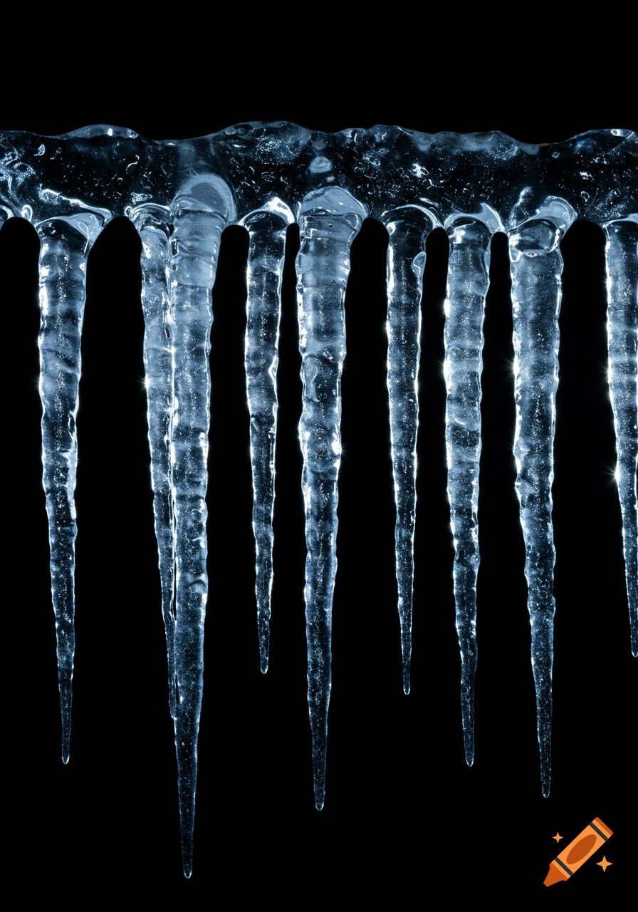 Close-up of numerous clear blue icicles hanging against a stark black background.