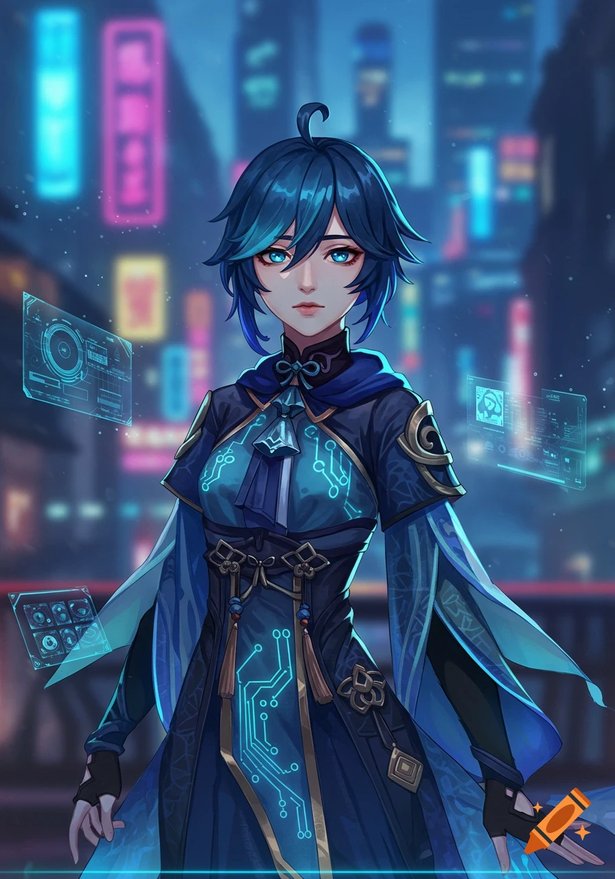 An anime character with blue hair and eyes in a futuristic blue and black outfit with glowing circuit patterns, standing in a cyberpunk city with neon lights and holographic displays.