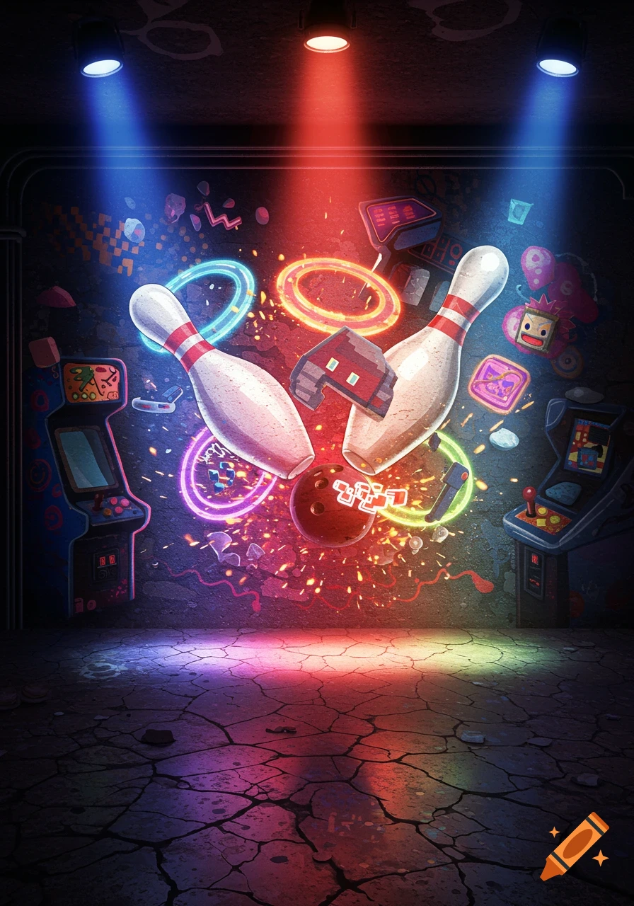 Vibrant, neon-lit bowling pins and a bowling ball float above a cracked concrete floor, flanked by arcade machines and graffiti-covered walls.