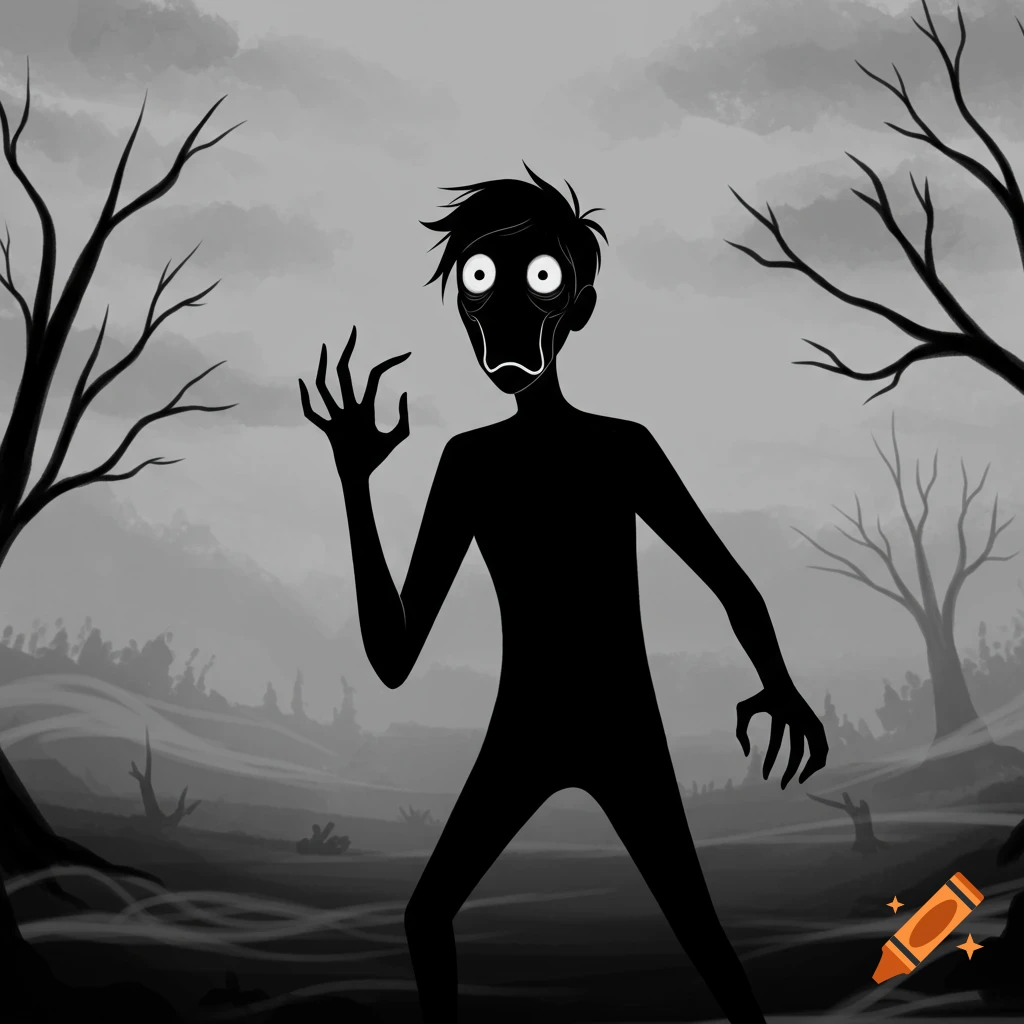 A black and white illustration of a terrified, silhouetted figure in a misty, desolate landscape.