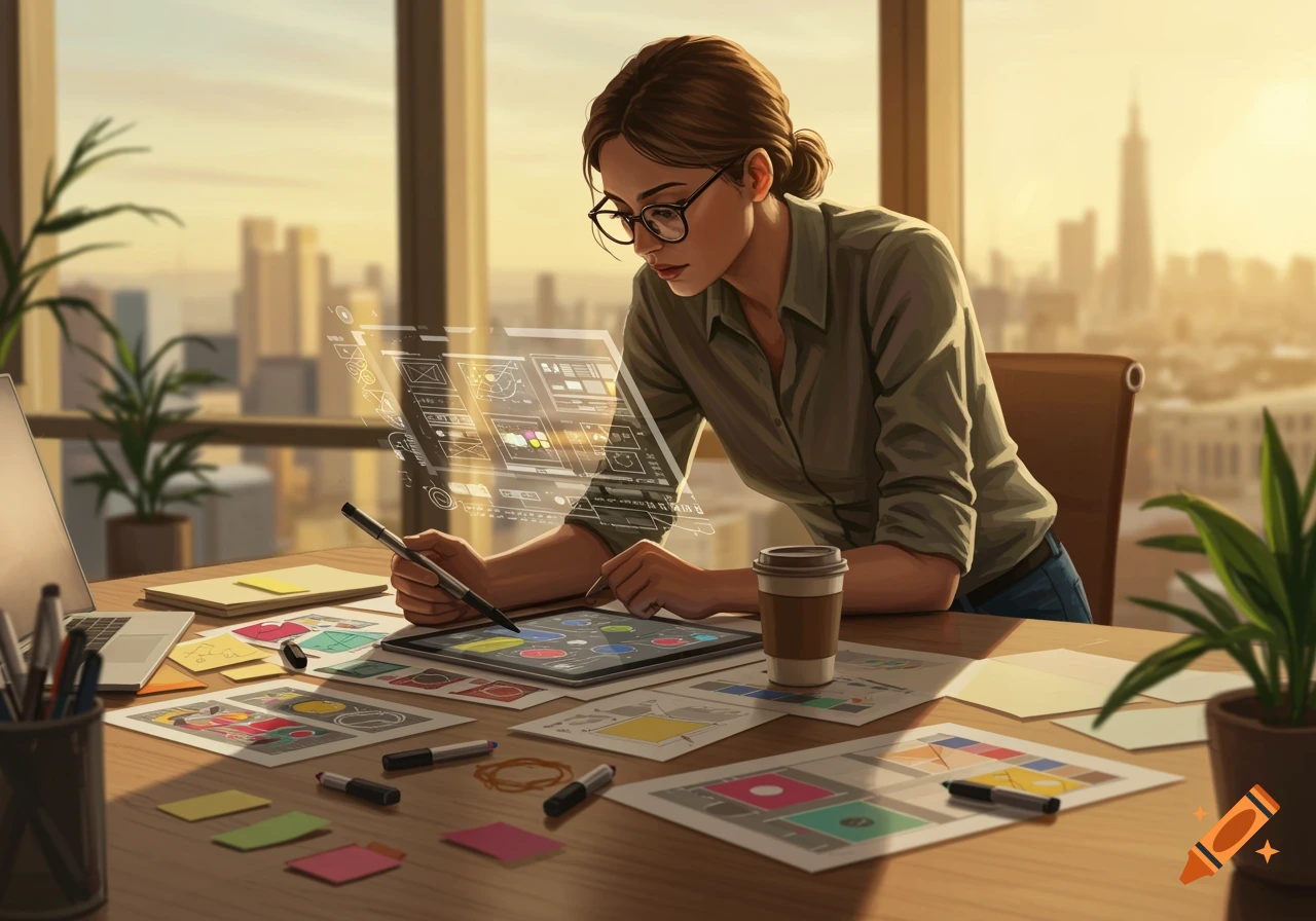 A female art director works at a desk, sketching on a tablet with a stylus and interacting with holographic UI in a high-rise office overlooking a city at sunset.