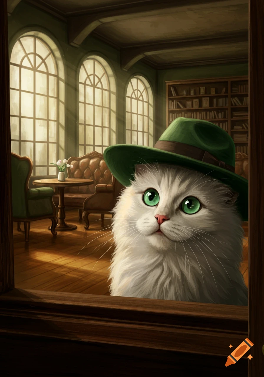 A fluffy white cat with bright green eyes wearing a green fedora peeks out from behind a wooden door in a grand room with large windows and a bookshelf.