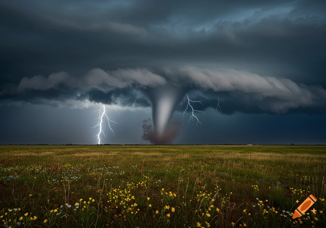 A photorealistic image of a powerful tornado with lightning striking in a vast field under a dark storm sky.
