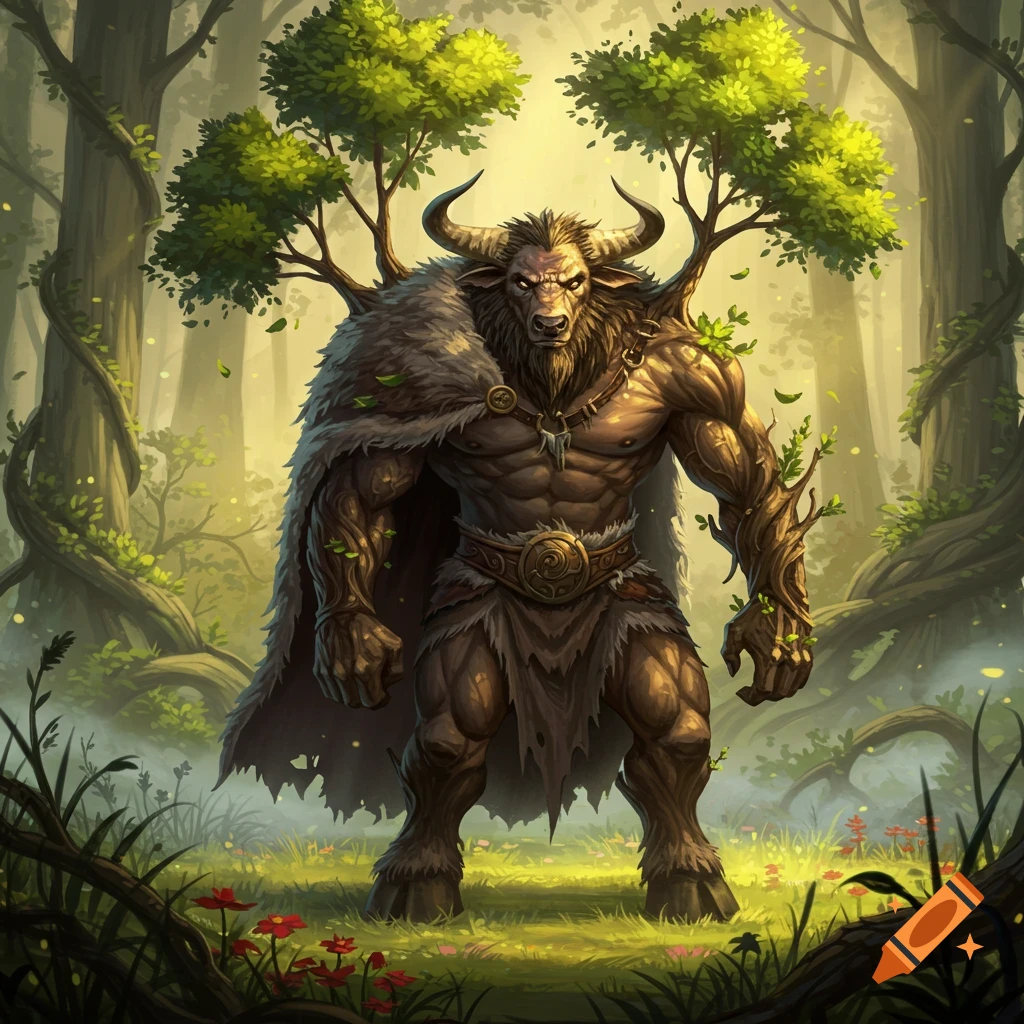 A powerful minotaur wearing a fur cloak stands in a forest, with one of its arms transforming into a tree with leaves.