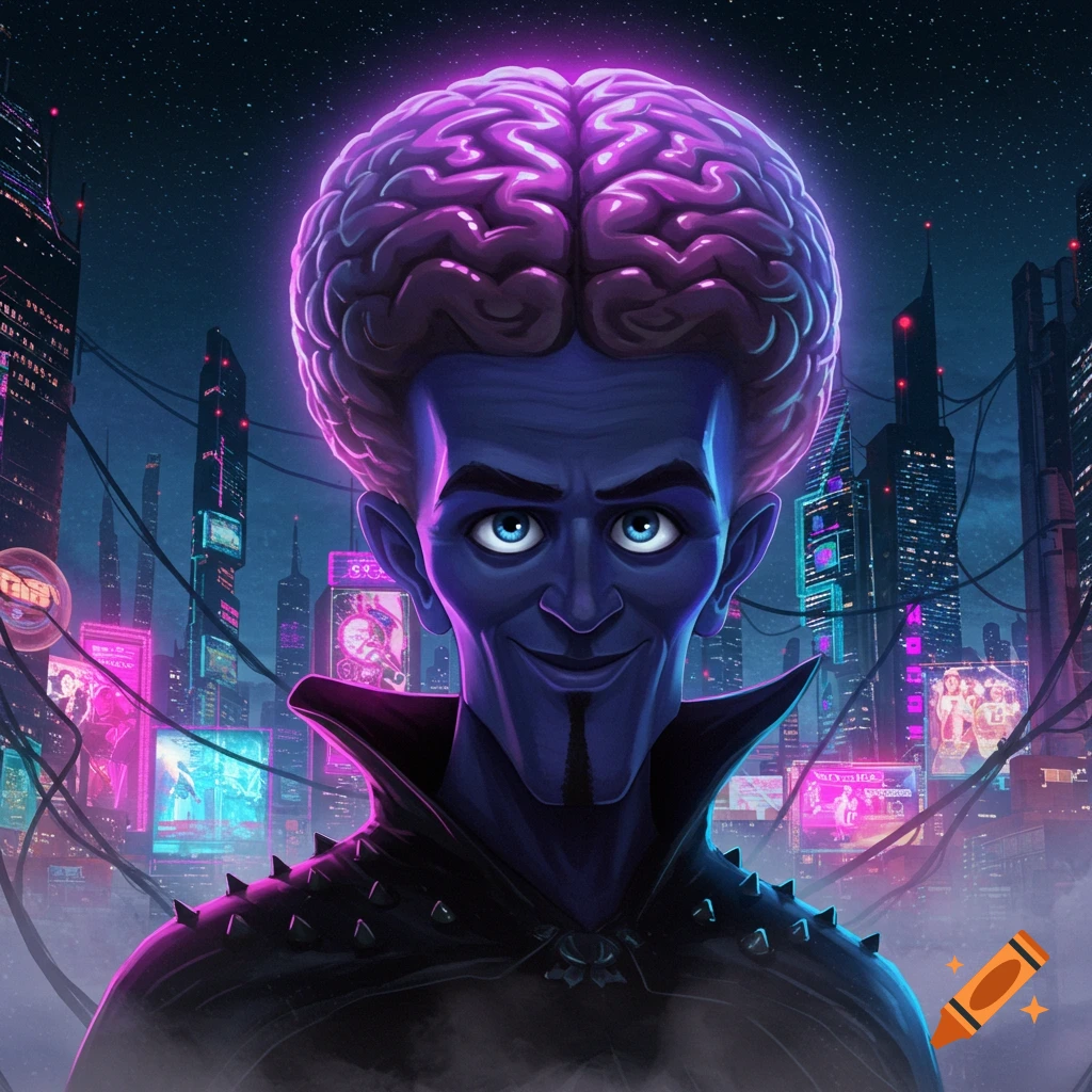 Stylized portrait of Megamind with a glowing brain against a neon cyberpunk city at night.
