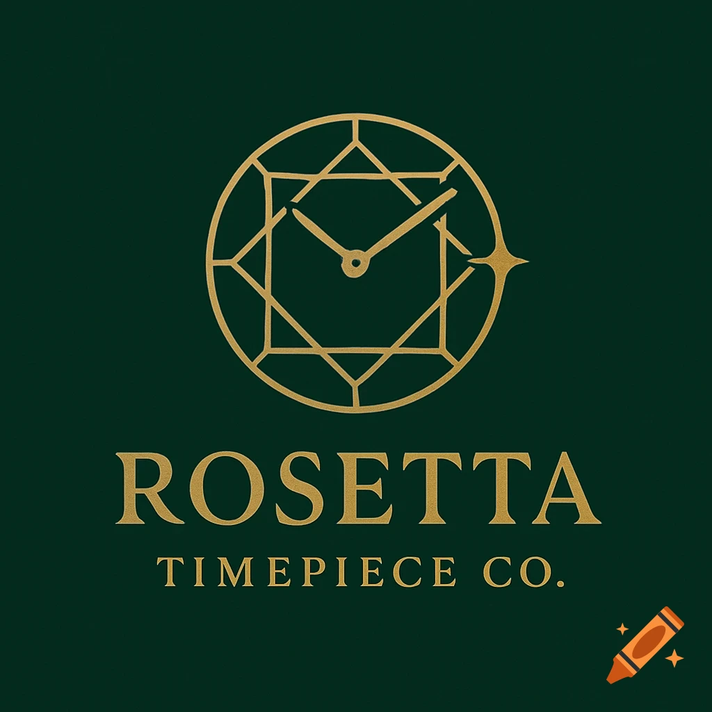 Gold logo for Rosetta Timepiece Co. on dark green background, featuring a stylized clock face within a geometric circle.