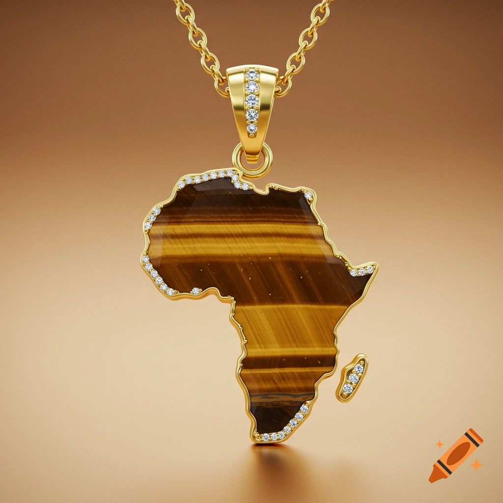 A gold necklace pendant shaped like the continent of Africa, adorned with diamonds and made of tiger's eye stone.