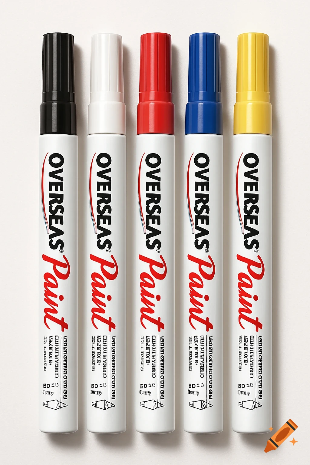 Five paint markers in black, white, red, blue, and yellow with 'Overseas Paint' branding, arranged vertically on a white background.