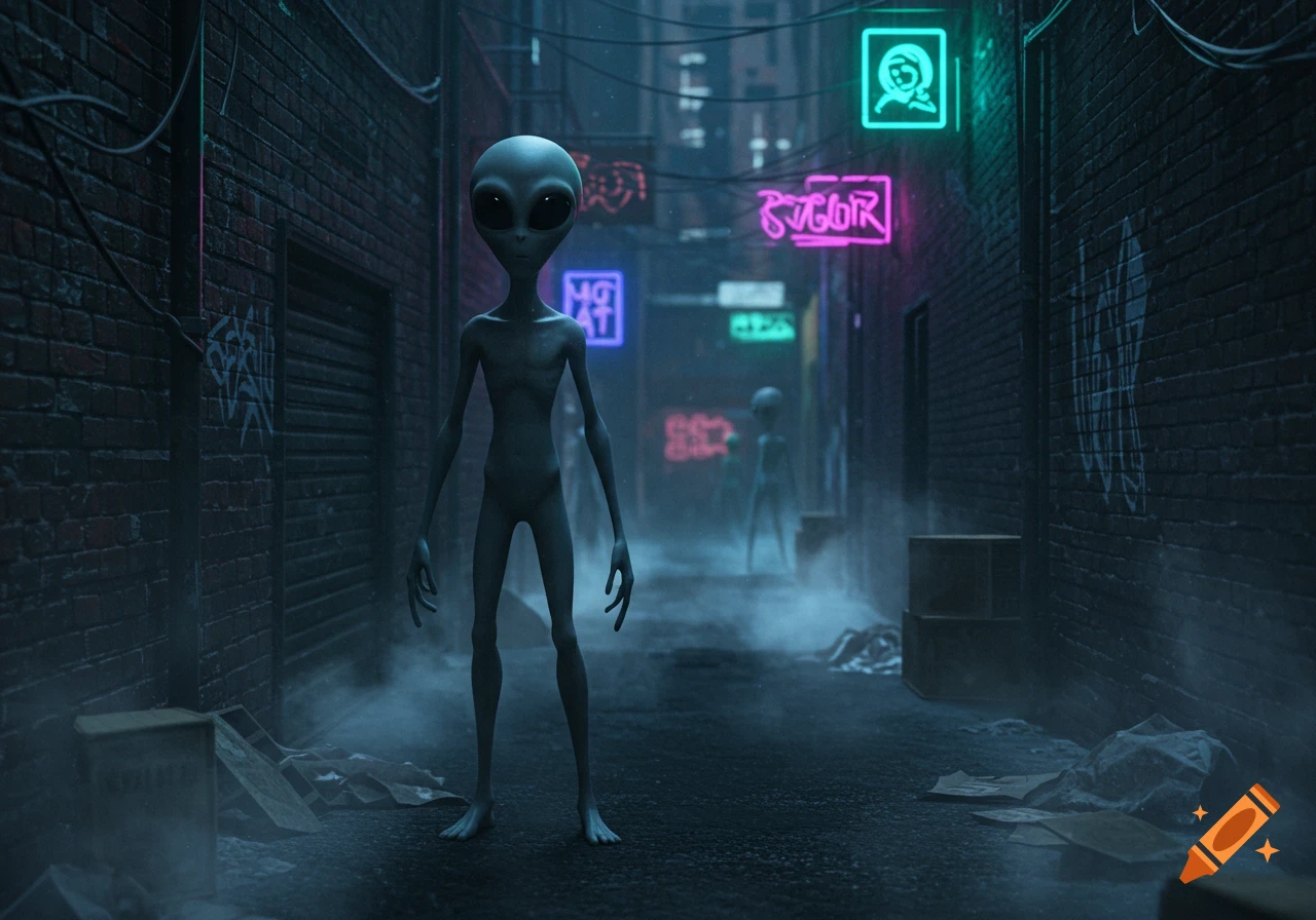 A grey alien stands in a dark, smoky alleyway lit by colorful neon signs and surrounded by brick walls.