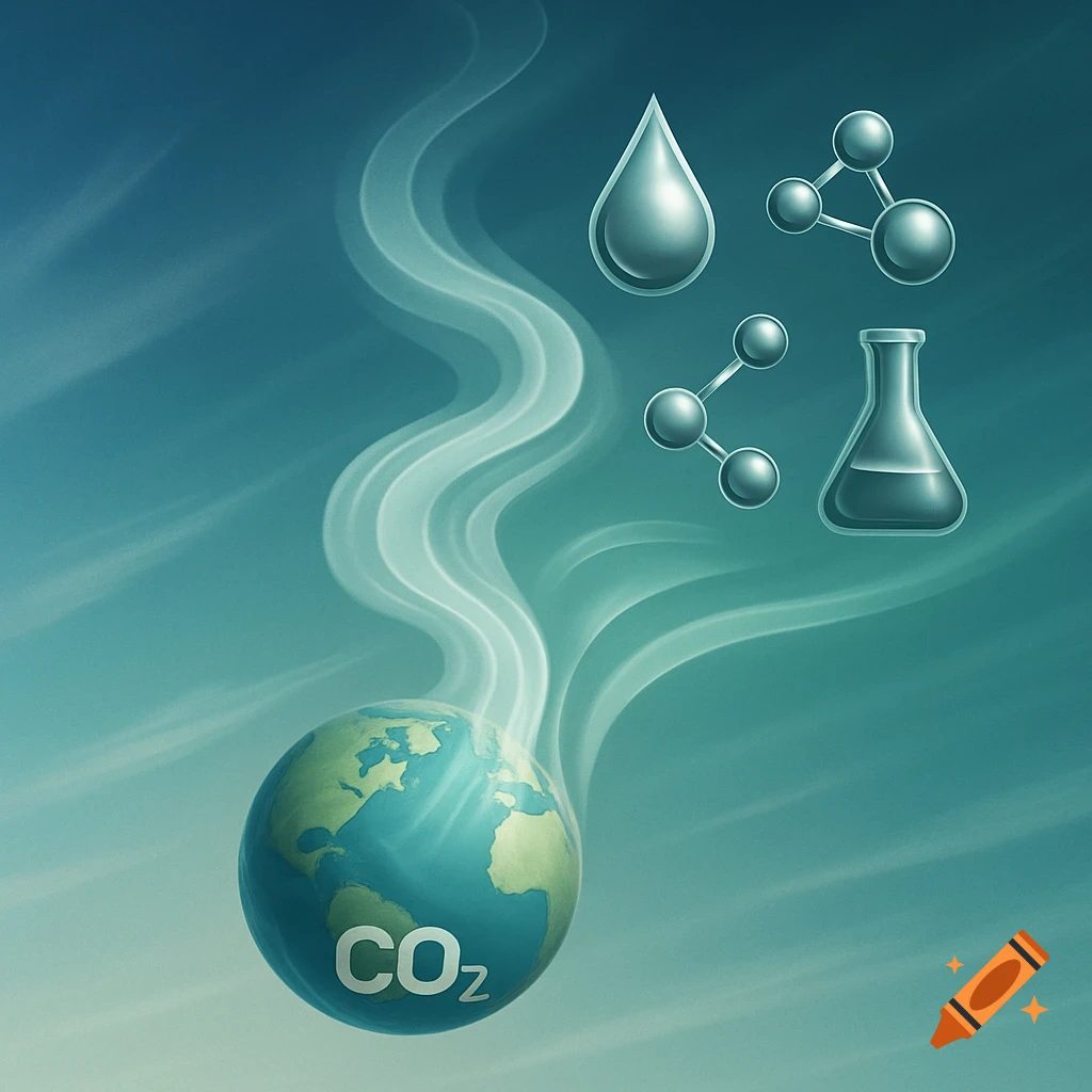 Illustration of a globe with CO2 and smoke, chemical icons including a water droplet, molecules, and a beaker.