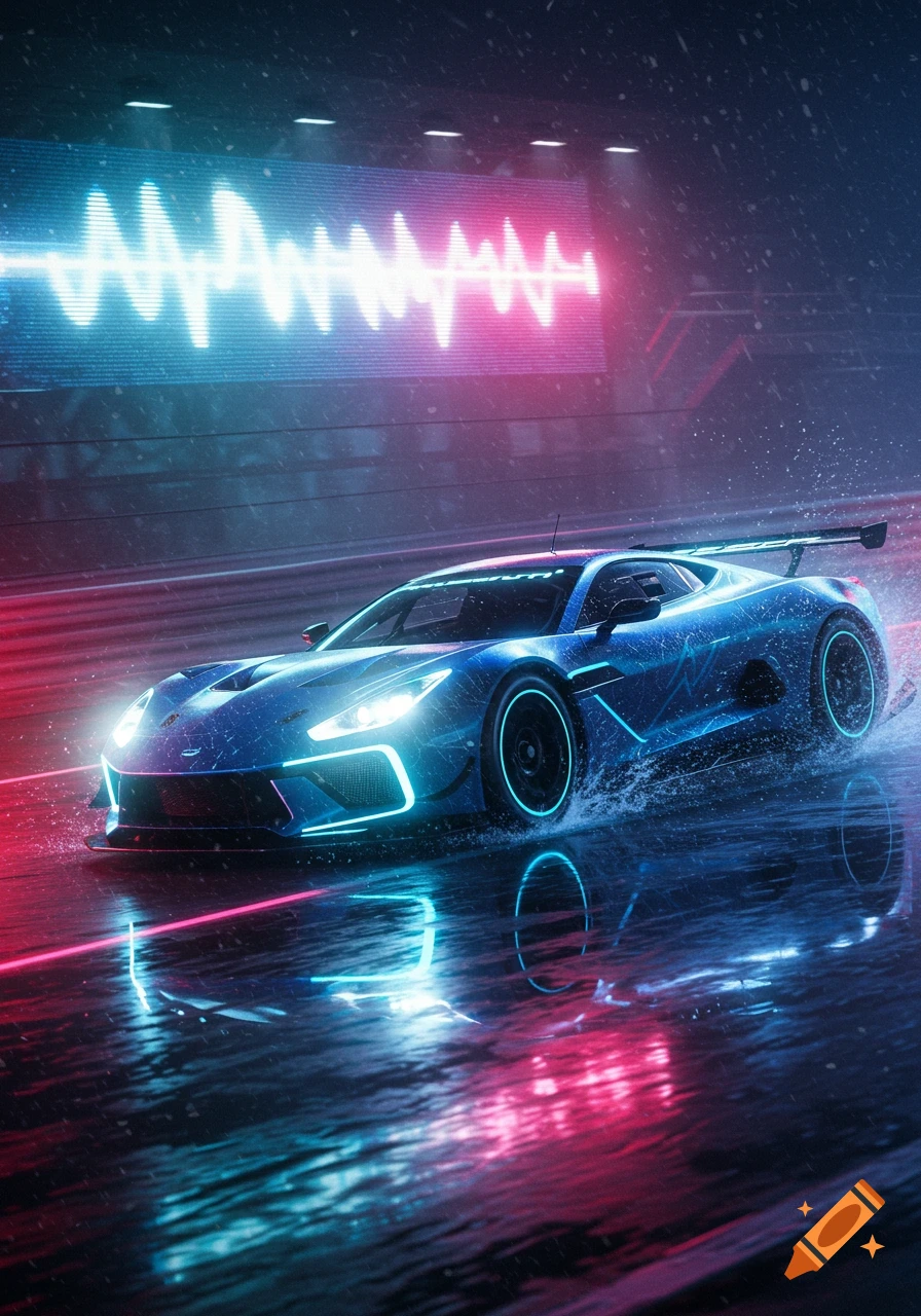 A futuristic blue sports car splashes through water on a rainy road, illuminated by bright neon pink and blue lights from a large screen displaying a waveform.
