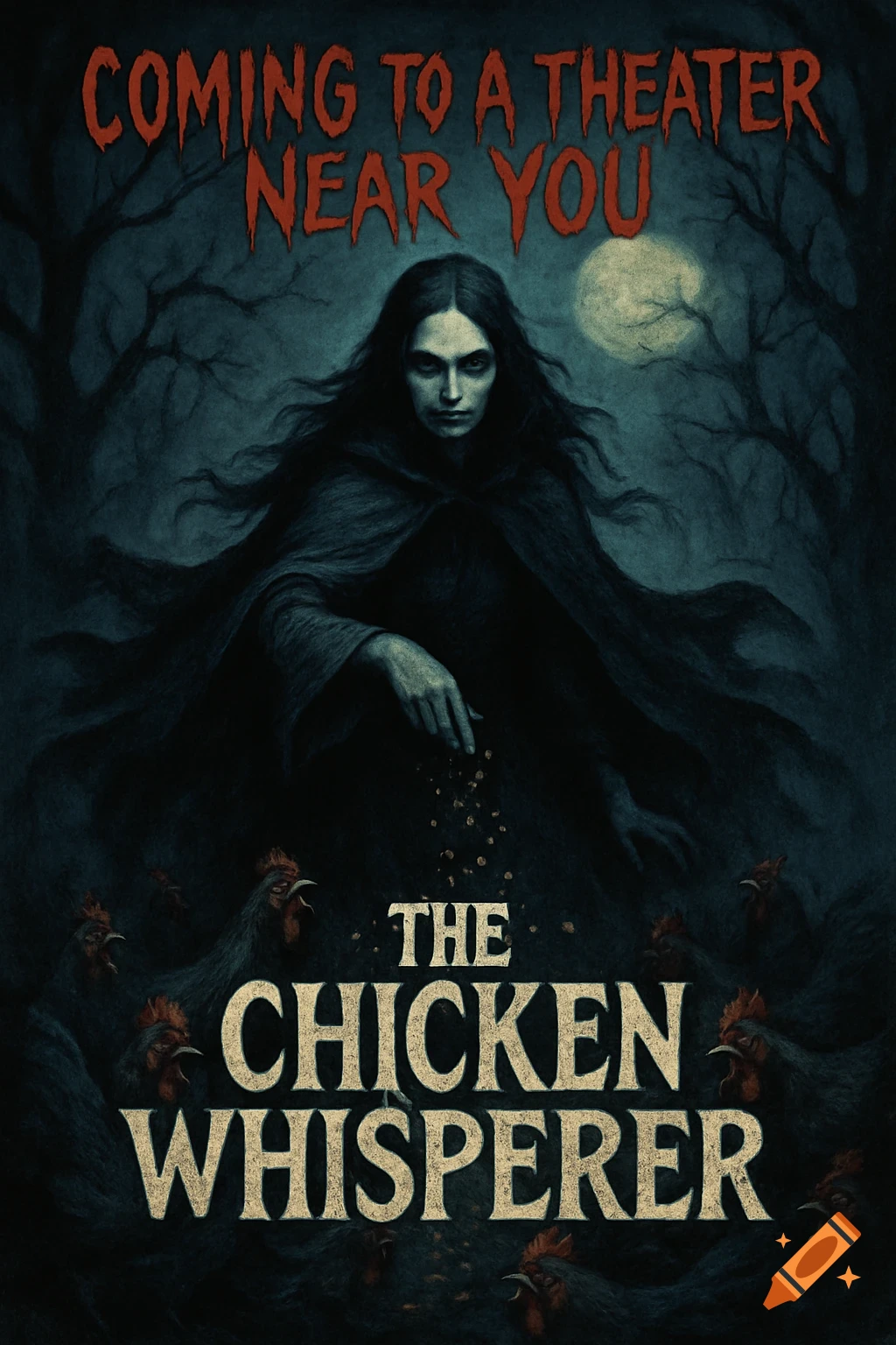Dark, eerie movie poster for 'The Chicken Whisperer' horror film, showing a cloaked woman scattering seeds to chickens under a moonlit sky.