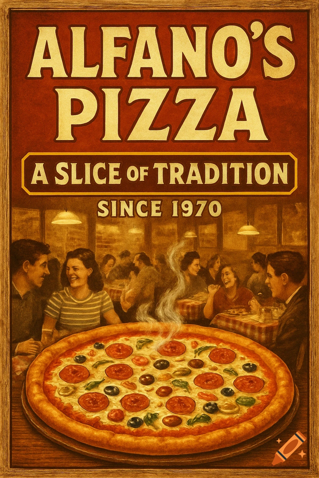 A vintage-style poster for Alfano's Pizza, featuring a large, steaming pizza in the foreground and blurred patrons dining in a restaurant in the background. The text reads 'ALFANO'S PIZZA', 'A SLICE OF TRADITION', and 'SINCE 1970'.