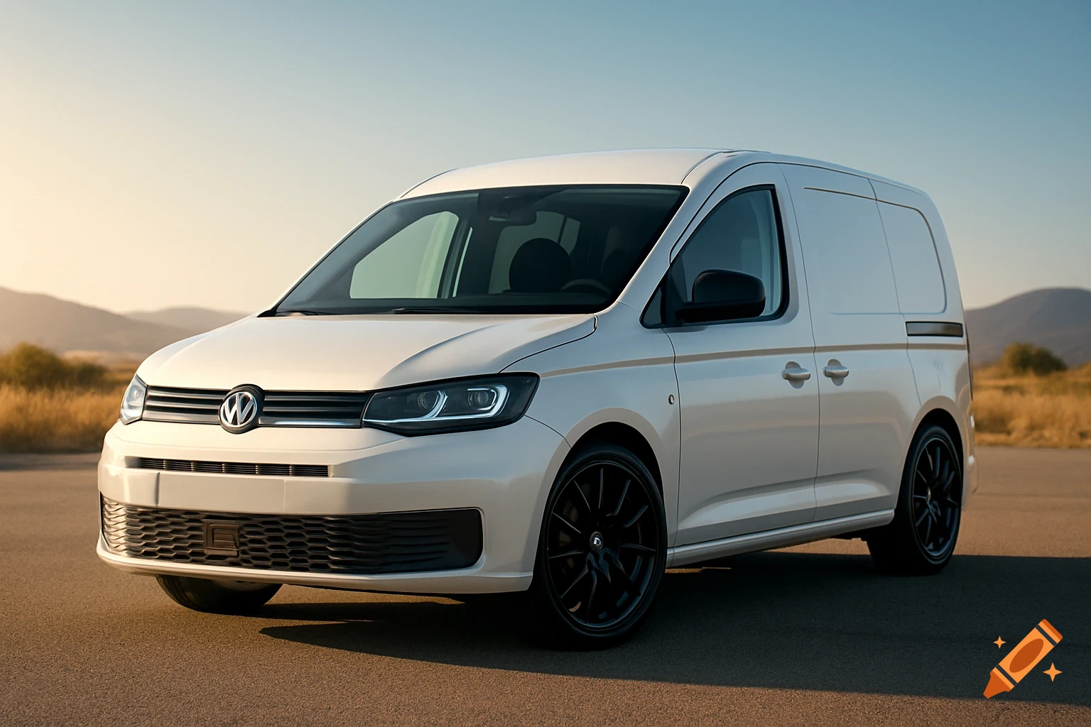 A white Volkswagen Caddy van parked on asphalt with mountains in the background.
