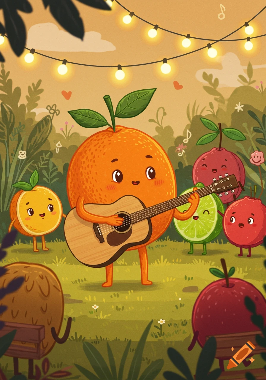 A cute cartoon orange fruit plays a guitar surrounded by other fruit characters in a whimsical garden with string lights.
