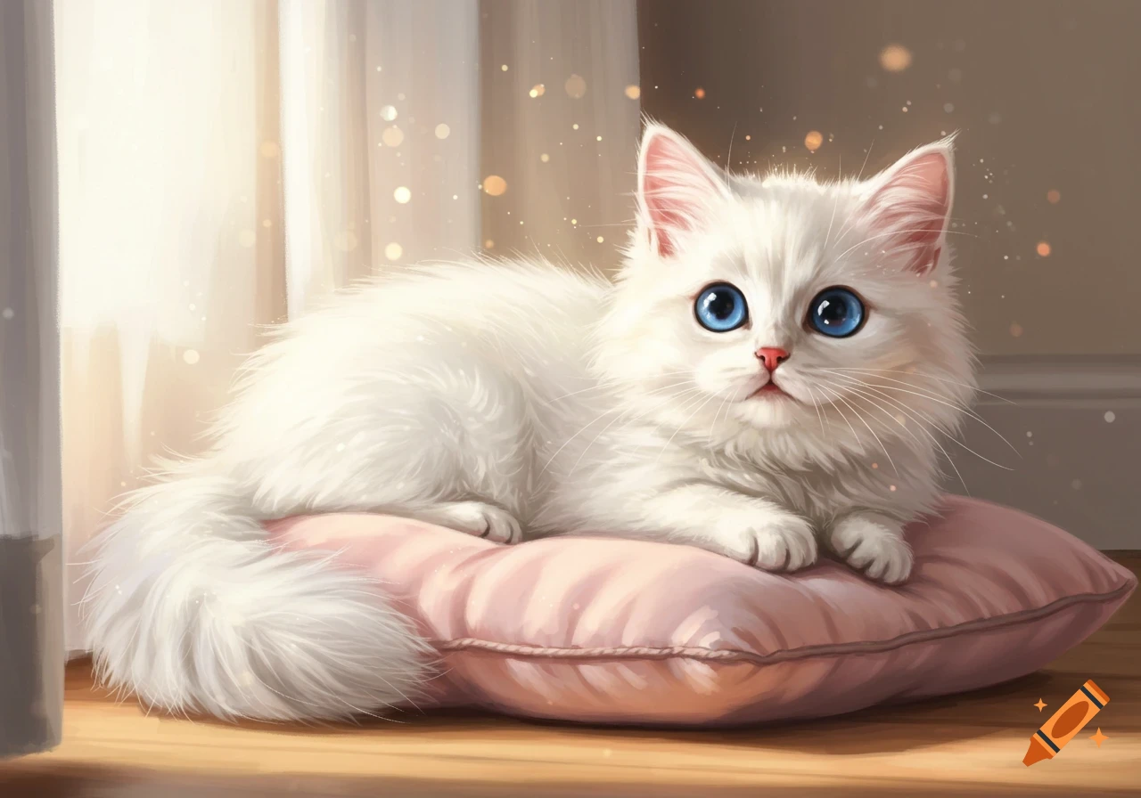 A fluffy white cat with bright blue eyes lies on a pink pillow in a sunlit room, depicted in a digital illustration.