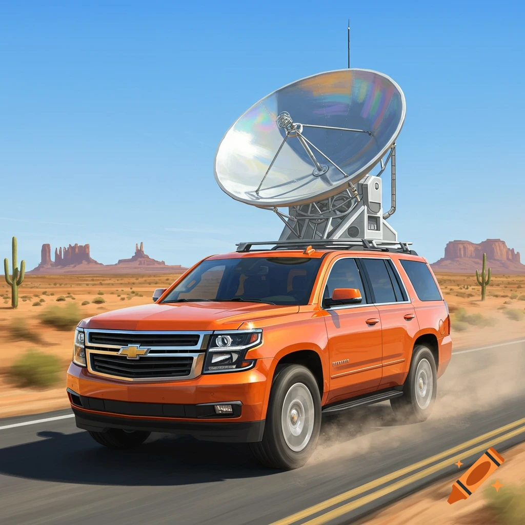 An orange SUV with a large satellite dish on its roof drives on a road through a desert with buttes and cacti.
