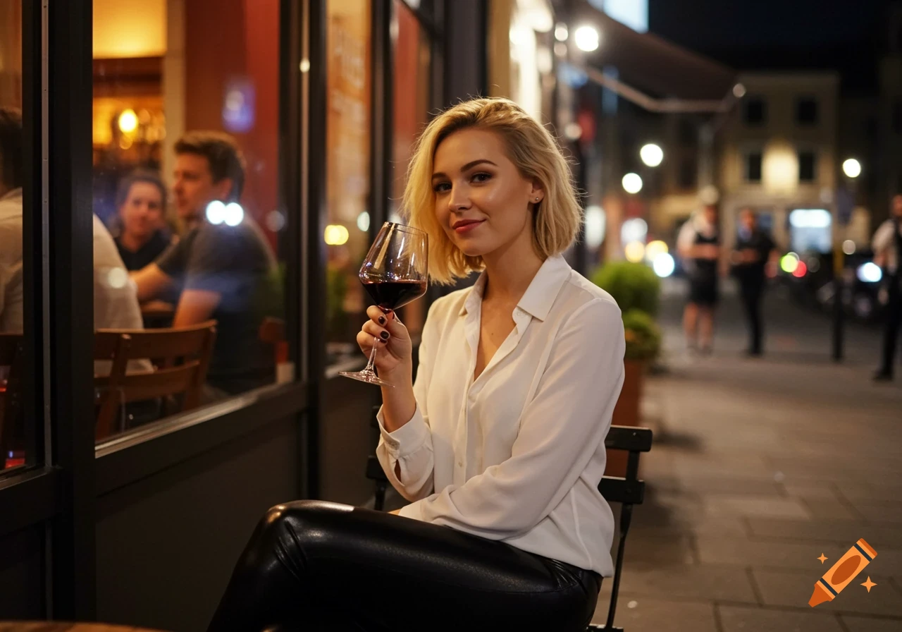 A young blonde woman sits outside a bar at night, holding a glass of red wine and looking at the camera.