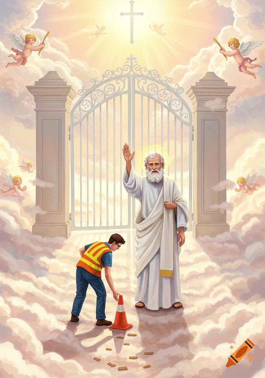 A man in a construction vest places an orange cone on clouds at the Pearly Gates, while Saint Peter waves.