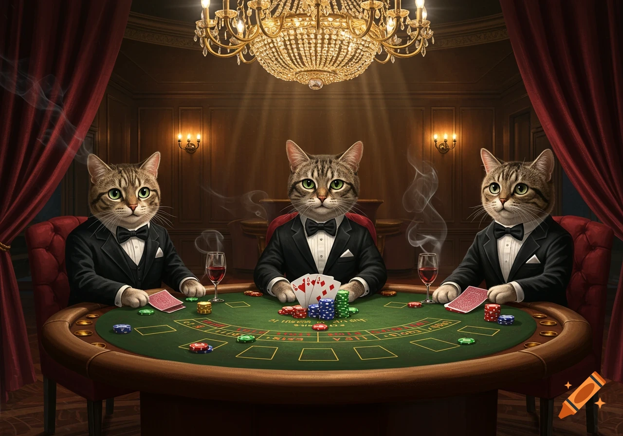 Three anthropomorphic cats in tuxedos playing poker at a green felt table in a luxurious, dimly lit room with a chandelier.