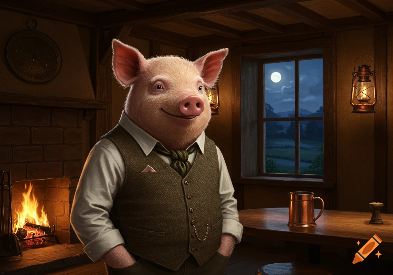 A smiling, anthropomorphic pig in a brown waistcoat stands in a cozy, moonlit tavern with a fireplace.