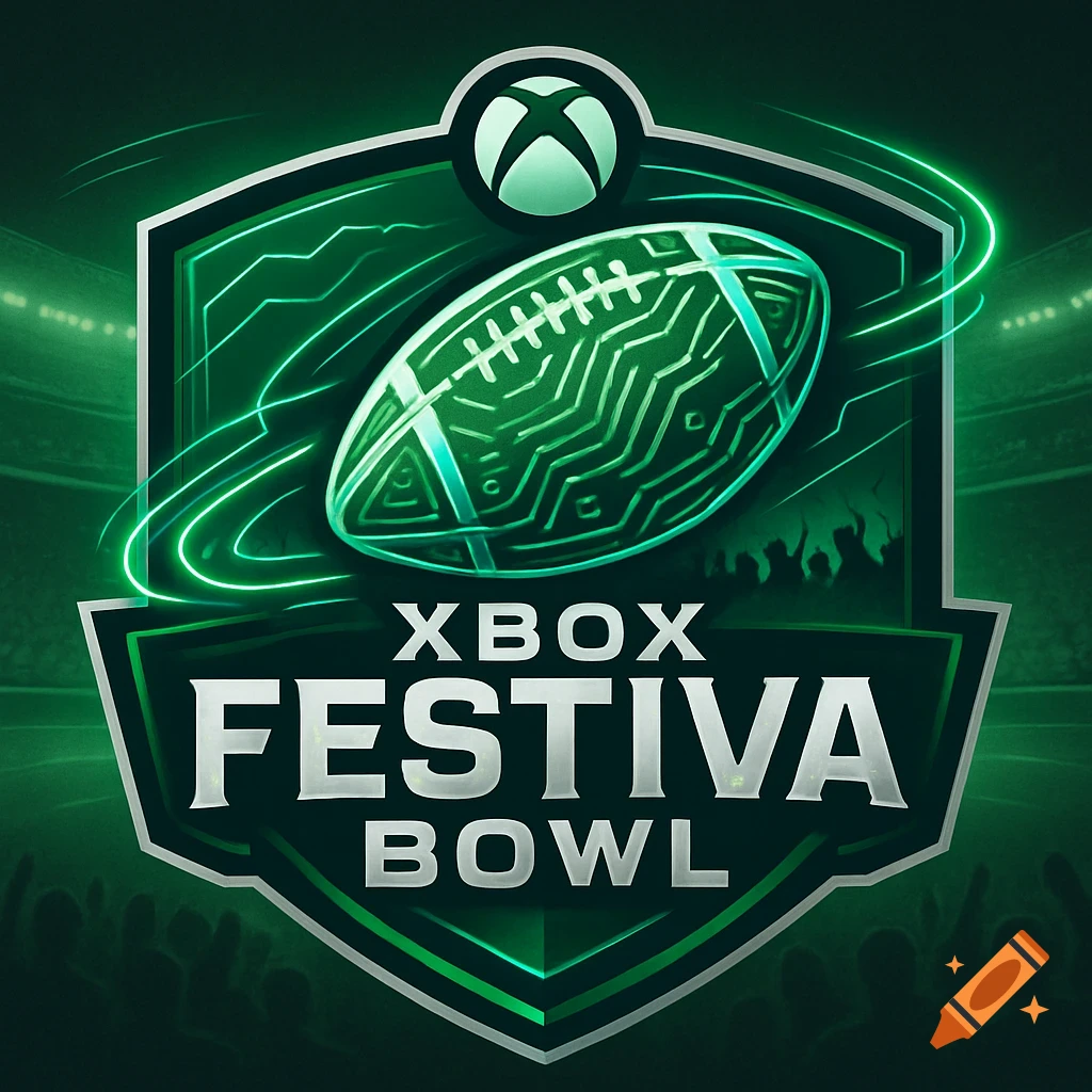 Xbox Festiva Bowl logo, a green shield with a stylized football, Xbox logo, and a stadium background.