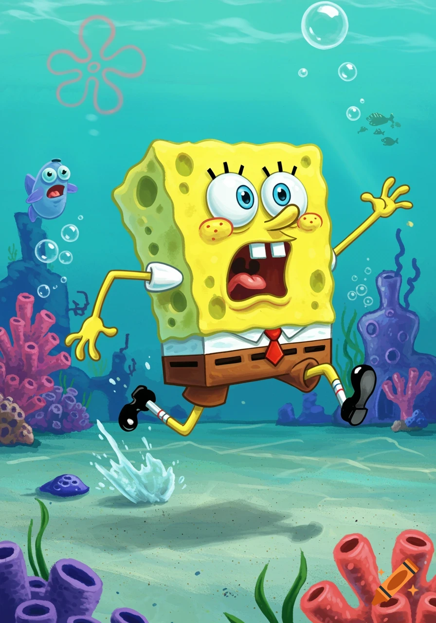 Spongebob Squarepants running scared underwater with a startled fish and coral around him.