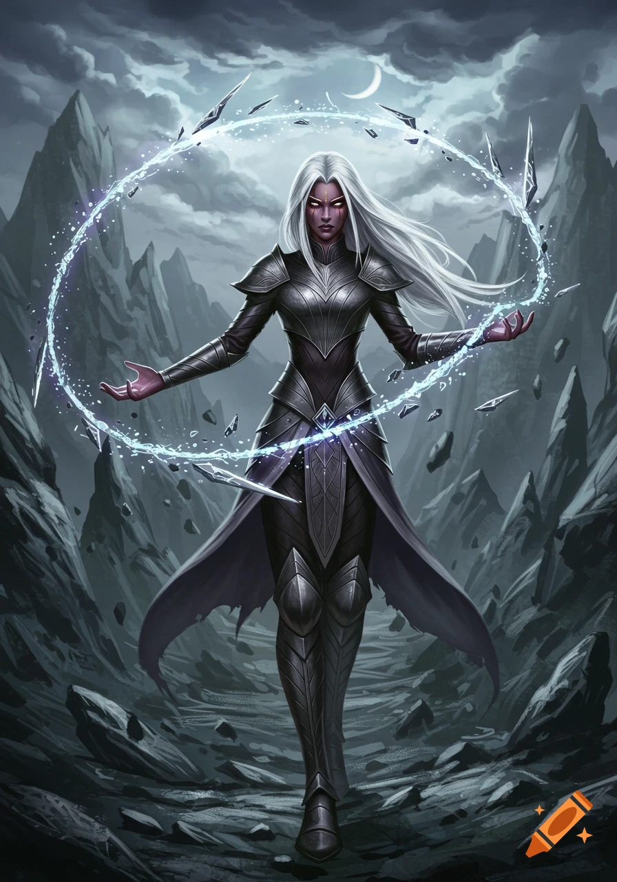 A powerful sorceress with white hair and purple skin in dark armor casts an ice spell in a desolate mountain landscape.