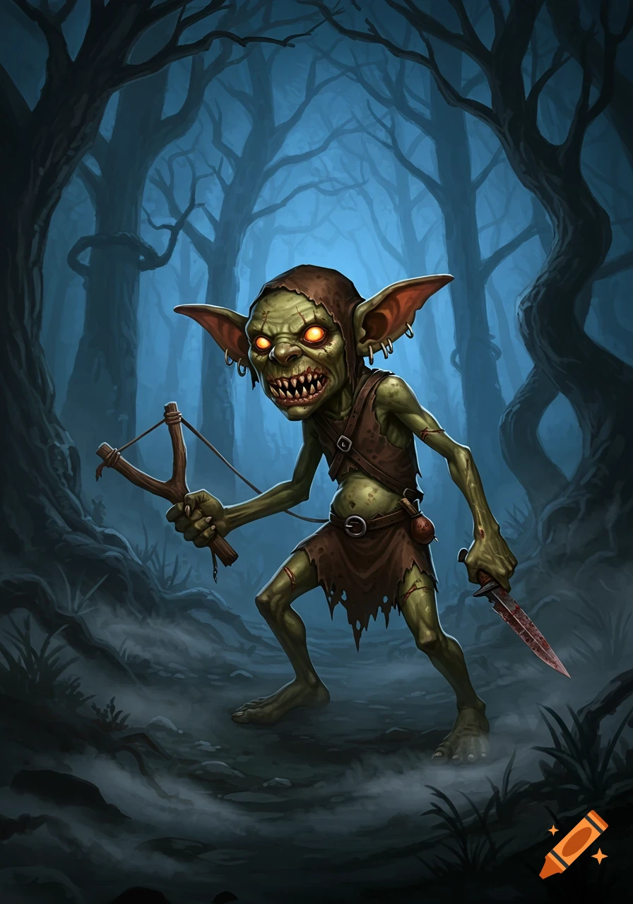 A scary, green goblin with glowing eyes and sharp teeth, wearing ragged clothes, holds a slingshot and bloody knife in a dark forest.