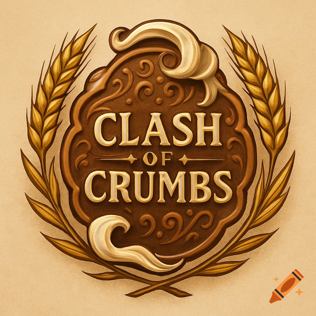 An ornate brown logo emblem with golden text 'CLASH OF CRUMBS' framed by golden wheat stalks and cream swirls.