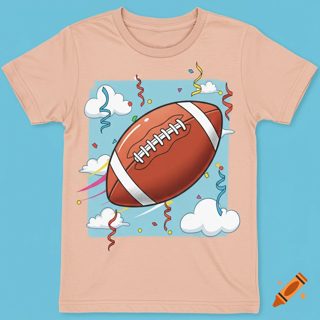 A cartoon football surrounded by confetti and clouds on a light peach t-shirt.