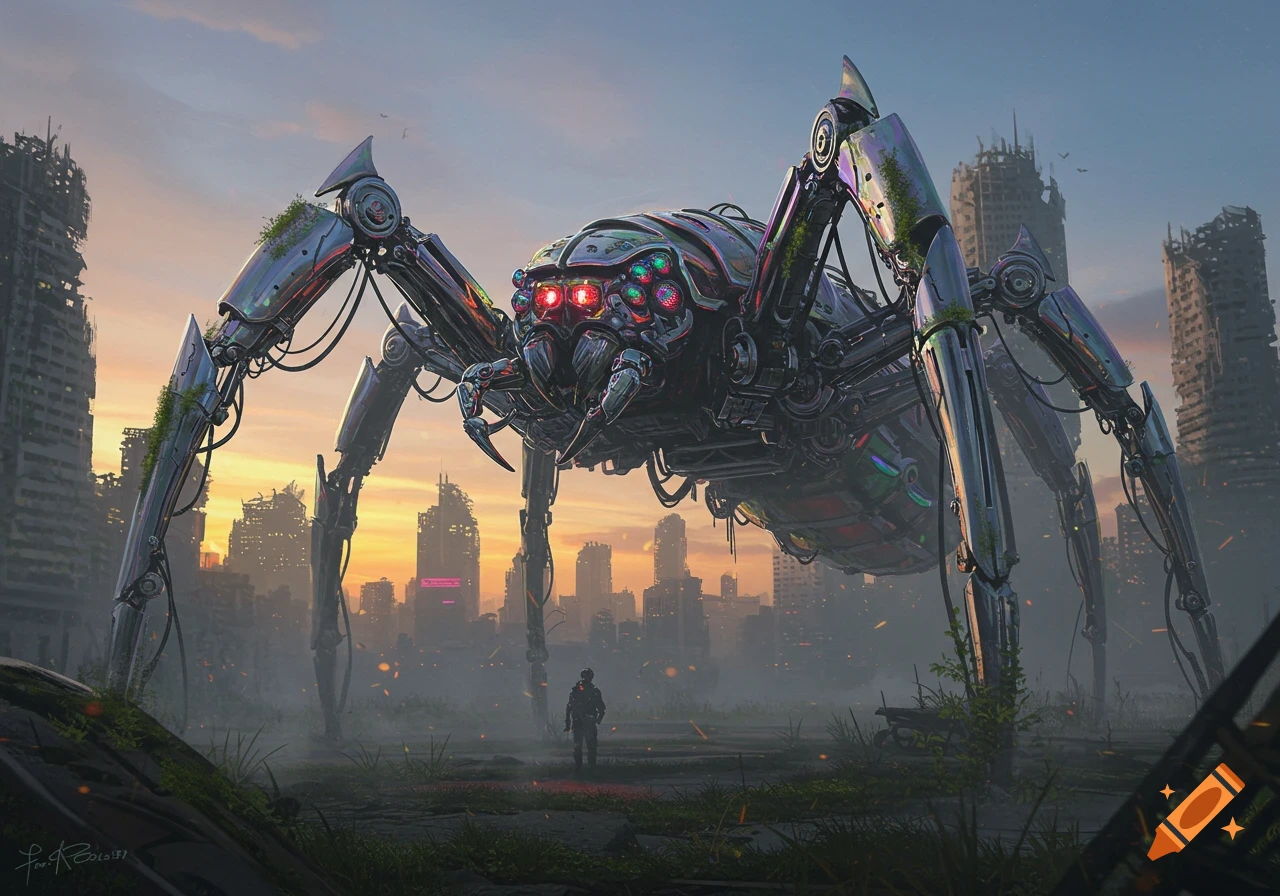 A giant, colorful mechanical spider stands in a ruined city at sunset, facing a lone figure.