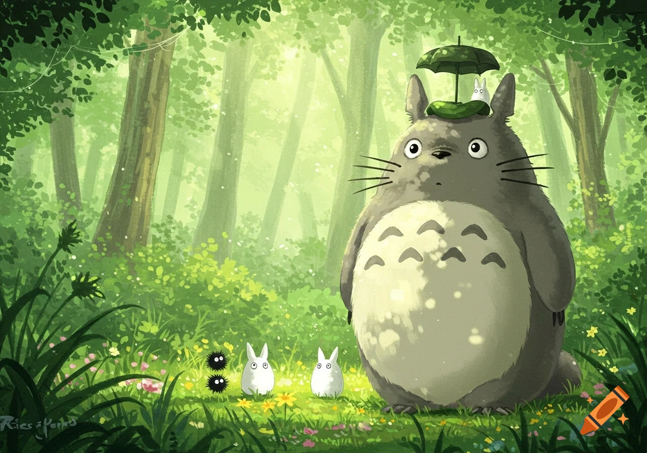 A large grey Totoro stands in a vibrant green forest, holding a green umbrella with a small white Totoro on its head. Two more small white Totoro-like creatures and two black soot sprites are on the grassy ground among colorful wildflowers. Illustrated style.