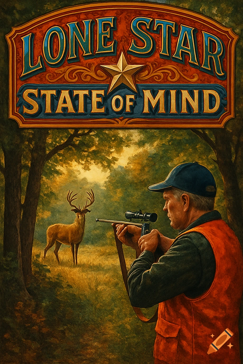 A hunter aims a rifle at a buck deer in a forest, beneath an arched sign reading 'Lone Star State of Mind' with a star, in a painterly style.
