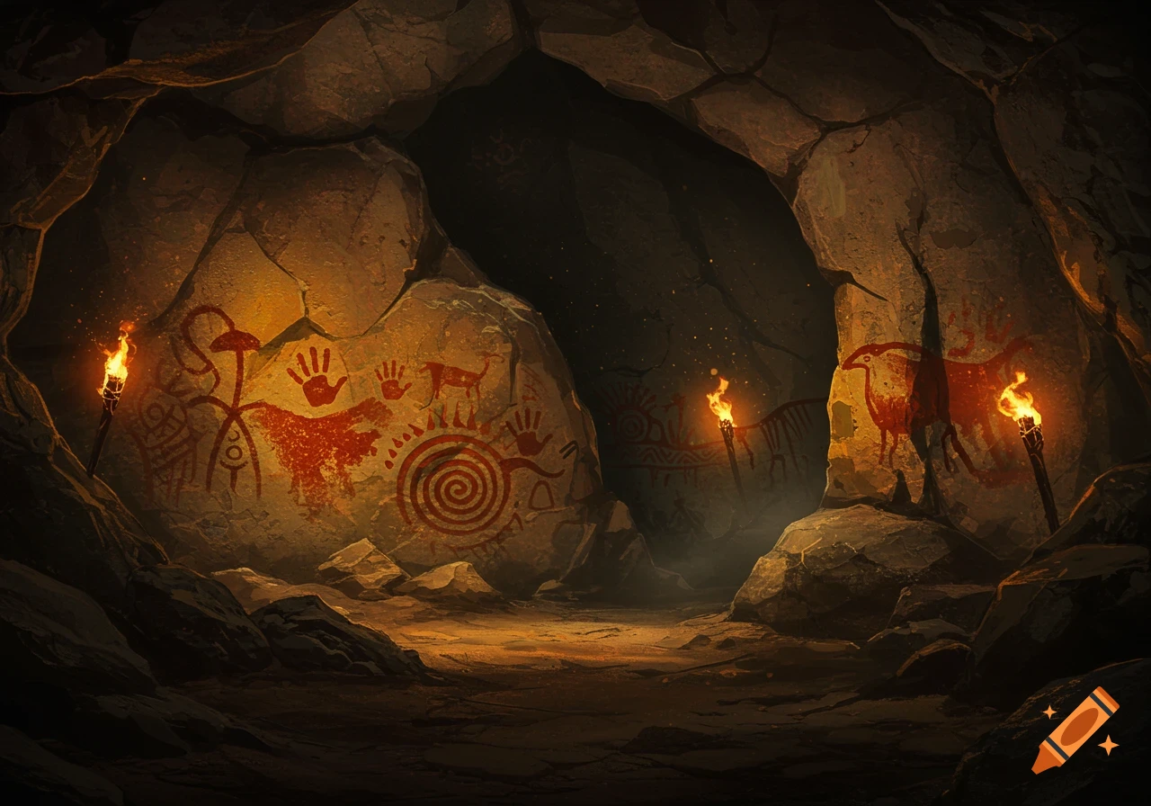 A dimly lit cave interior with glowing torches illuminating ancient red cave paintings of figures and symbols on the rock walls.