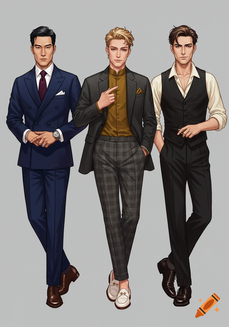 An anime-style portrait of three wealthy young men dressed in tailored suits, standing against a minimalist grey background.