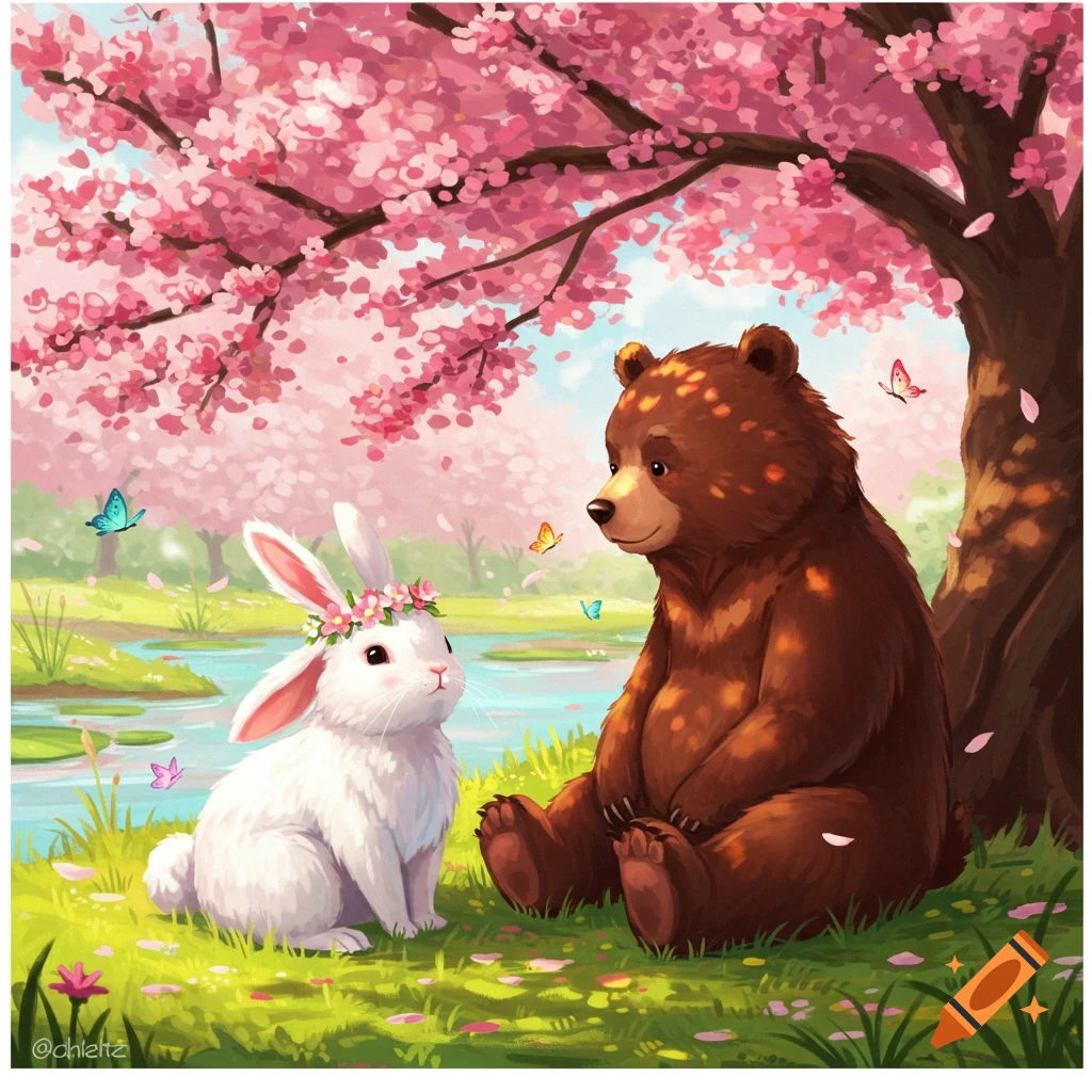 A cute illustration of a white rabbit wearing a flower crown and a brown bear sitting under a pink cherry blossom tree by a pond.