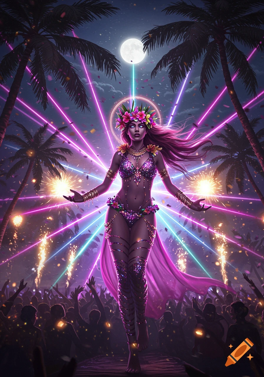 A woman in a dazzling, ornate costume and flower crown stands on stage at a vibrant night music festival with neon lasers, fireworks, and a crowd under a full moon with palm trees.