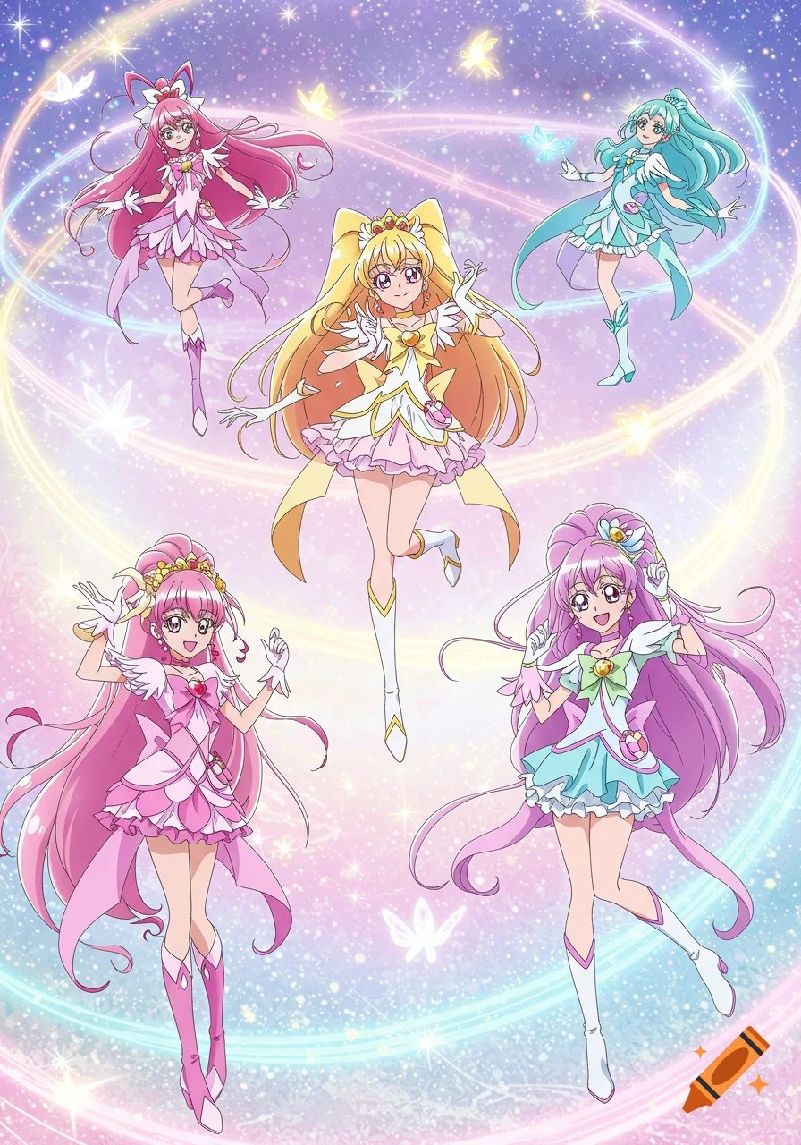 Five colorful anime magical girls in elaborate costumes float against a sparkling, starry sky with light trails and butterflies.