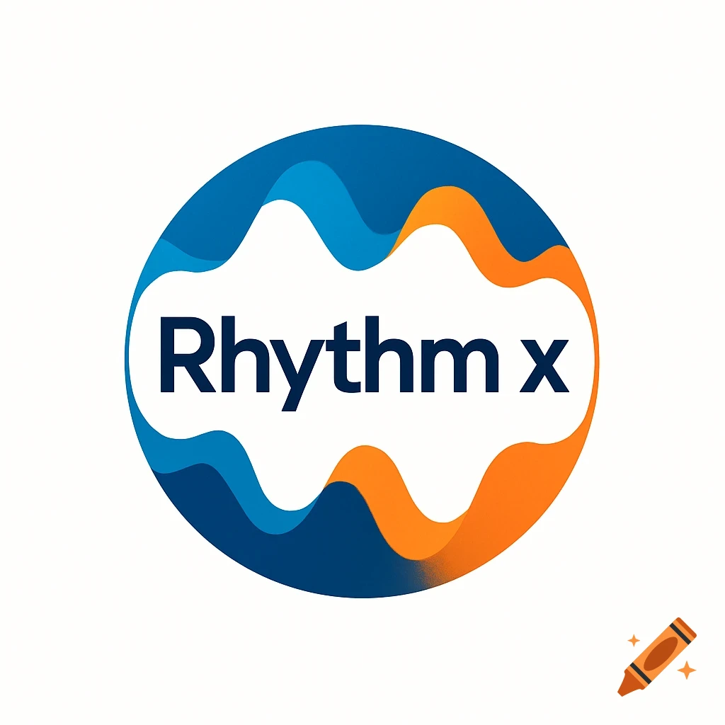 Circular logo on white background with blue and orange wavy shapes and the text 'Rhythm x'.